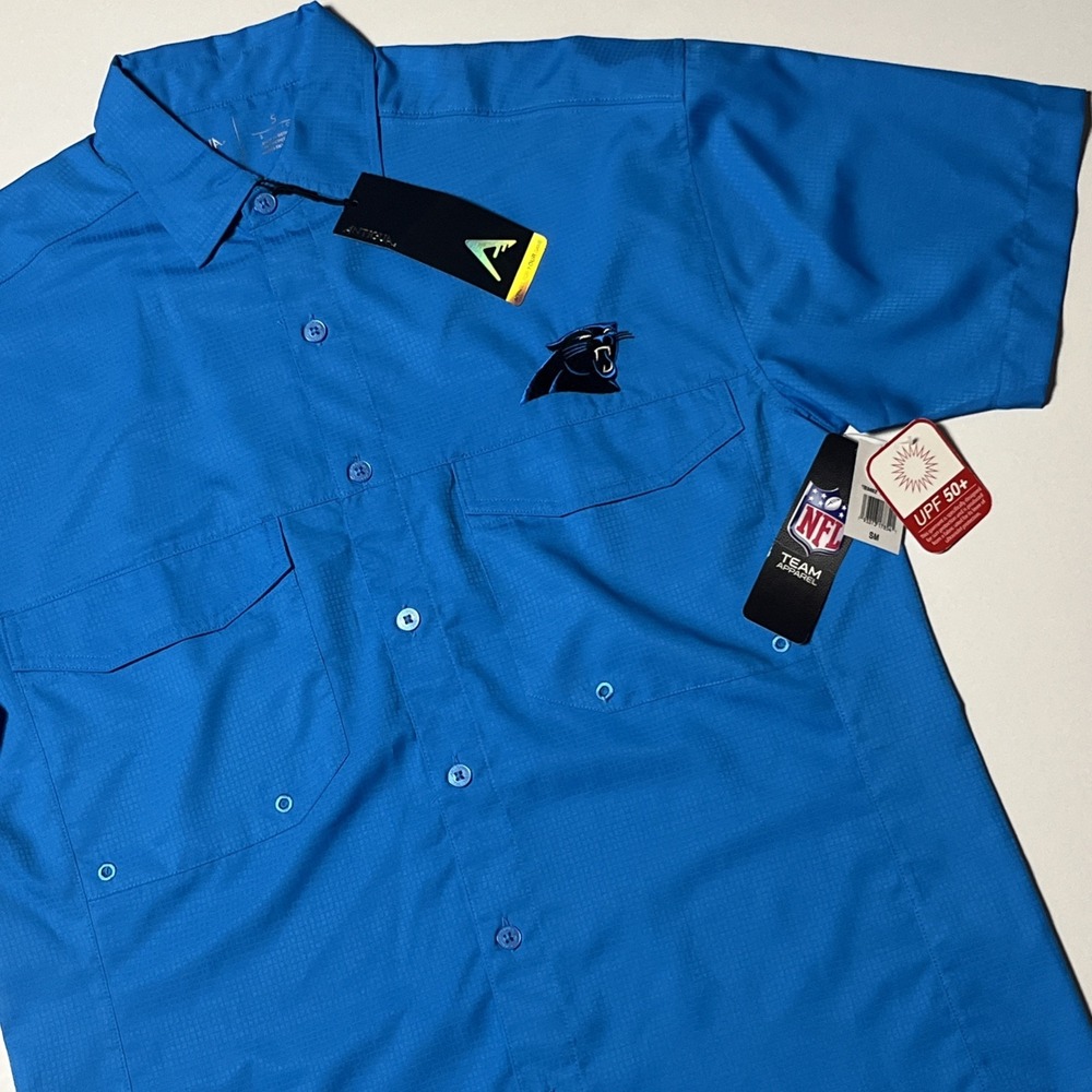 Antigua Panthers Vented Performance Shirt Mens S Carolina Blue Button Up UPF 50+